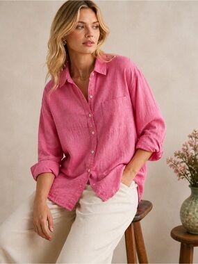 Maeve Anthropologie Linen Cotton Button Down Blouse | Pink | Oversized XL |